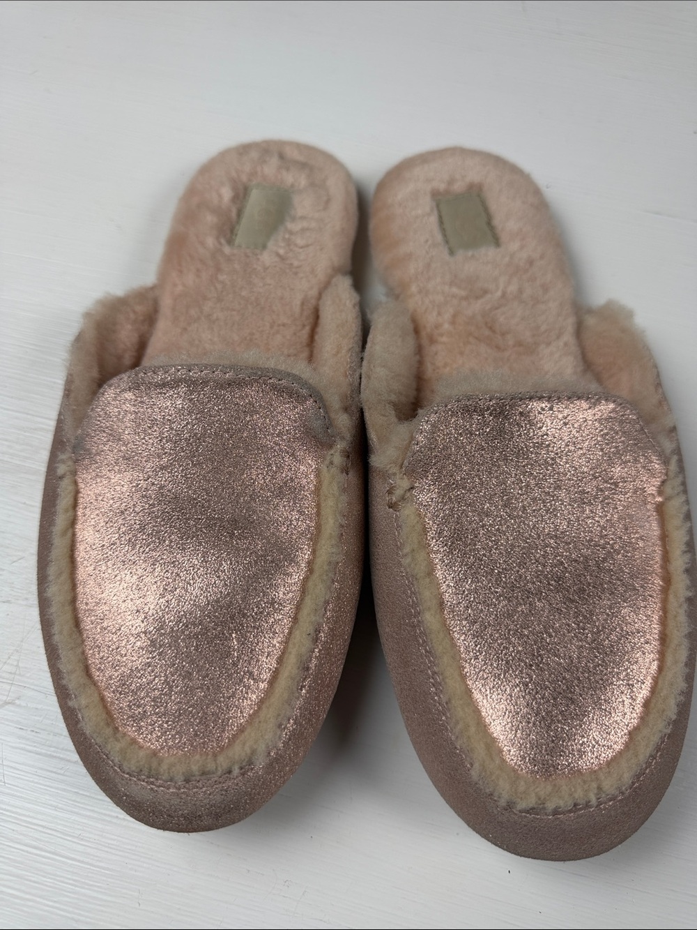 UGG Metallic Rose Gold Faux-Shearling Slide Mules